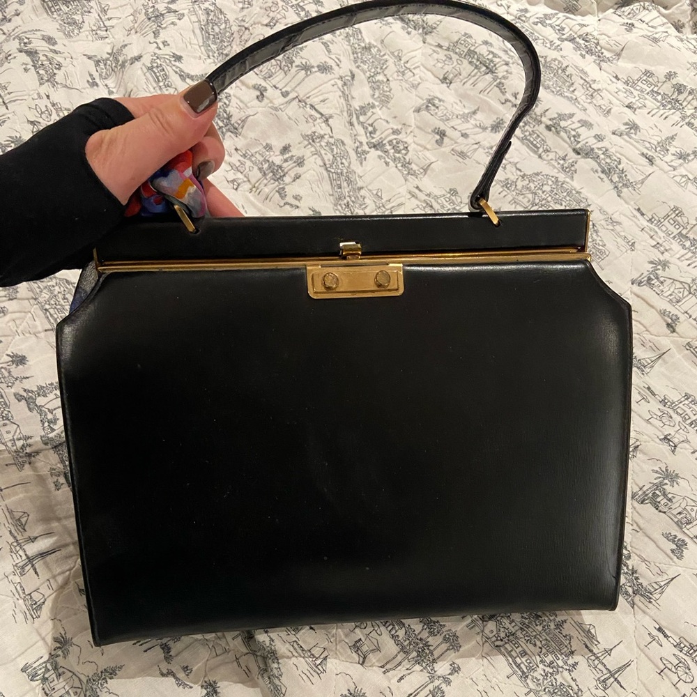 Classic Black Leather Top-Handle Satchel with Gold Hardware vintage